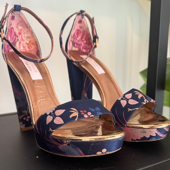Ted Baker Navy Floral Heels with Gold Accents - Picture 1 of 7